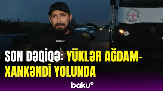 Ağdam-Xankəndi yolunda yüklərin daşınmasının görüntüləri