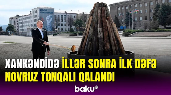 İlham Əliyev Xankəndi şəhərində Novruz tonqalını alovlandırıb