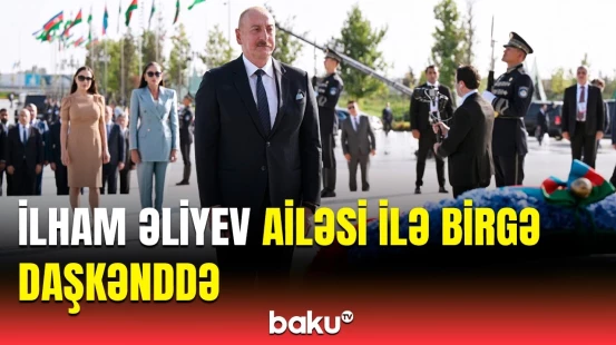 İlham Əliyev, Mehriban Əliyeva və Leyla Əliyeva Daşkənddə Müstəqillik abidəsini ziyarət ediblər