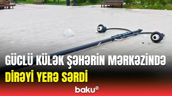 “Qış parkı”nda təhlükəli vəziyyət | Küləyin aşırdığı işıq dirəyinin görüntüsü