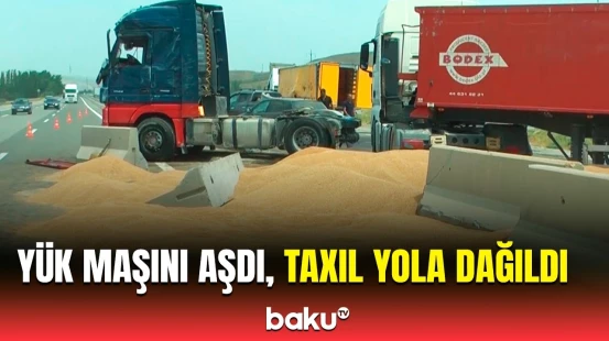 Hacıqabulda yol qəzası | Taxıl daşıyan yük maşını aşdı