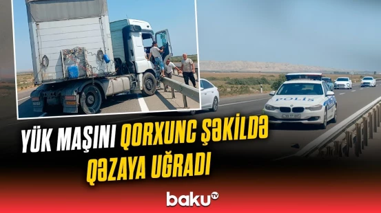 Yük maşını dəmir arakəsməyə elə çırpıldı ki... | Goranboyda yol qəzası