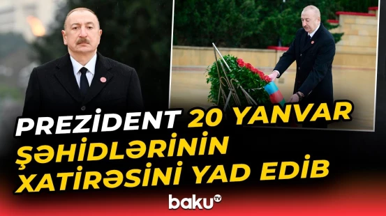 İlham Əliyev "Əbədi məşəl" abidəsinin önünə əklil qoyub - Baku TV