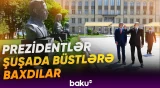 Prezidentlər Natəvanın, Bülbülün, Üzeyir Hacıbəylinin işğal dövründə güllələnmiş büstlərinə baxdılar
