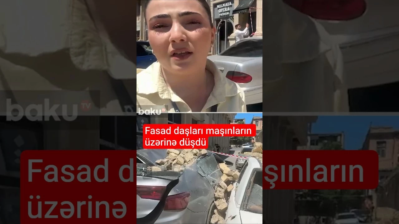 Güclü küləyin nəticəsi: Fasad daşları maşınların üzərinə düşdü - Baku TV
